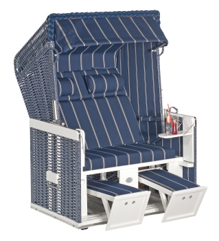Gartenstrandkorb Konsul Halbliegemodell, 2-Sitzer, PVC-Kunststoffgeflecht blau mit weißen Nadelstreifen Stoff-Dessin: 27
